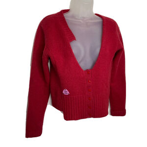 Burn n Violet Red Wool Blend Crop Cardigan Sweater Medium Button Up Asymmetric‎